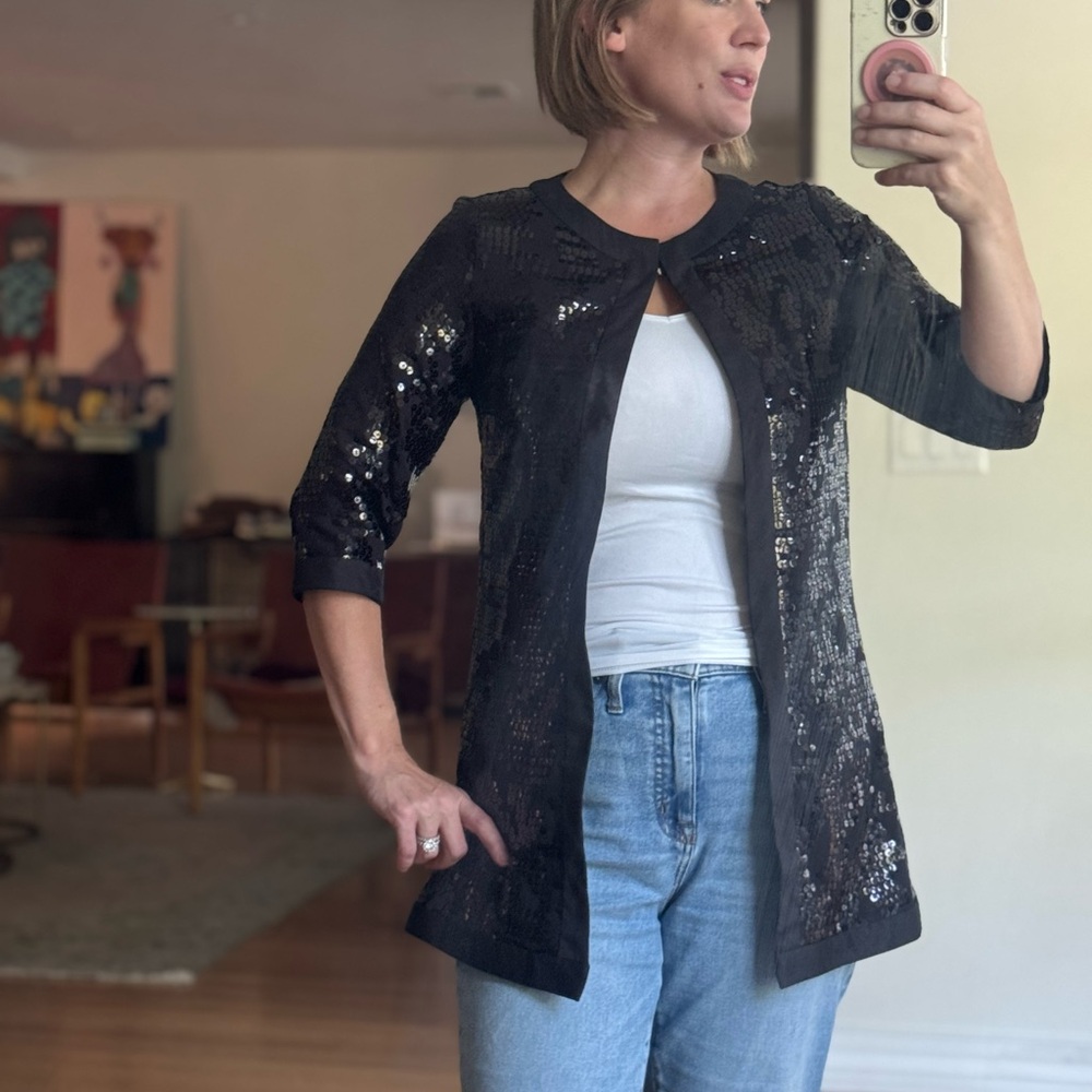 Weill Paris Size 4 or S to M Black Sequin Open Front Cardigan Top 3/4 Sleeves